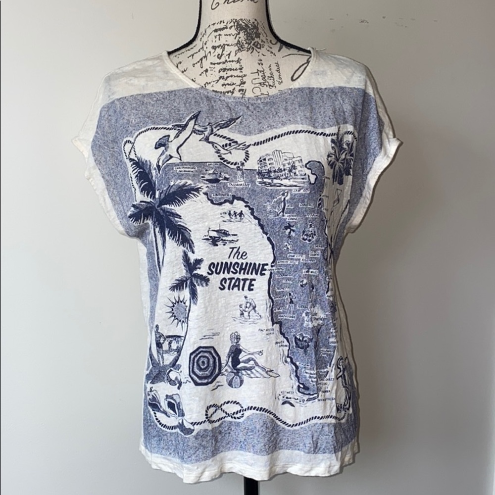 J.Crew+Linen+Short Sleeve+Graphic+Top+Sz M